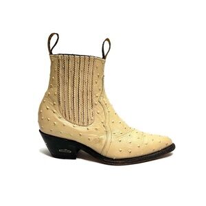 Vintage 1990s women’s ivory ostrich leather heeled western Chelsea boots